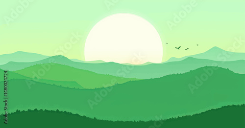 Serene Mountain Sunset with Birds Flying Over Green Hills