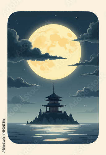 Serene Night Temple Moonlit Ocean Clouds
