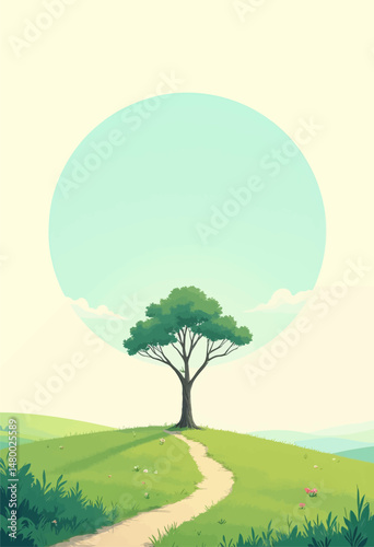 Serene Pathway to Solitude Green Meadows Tree Sky
