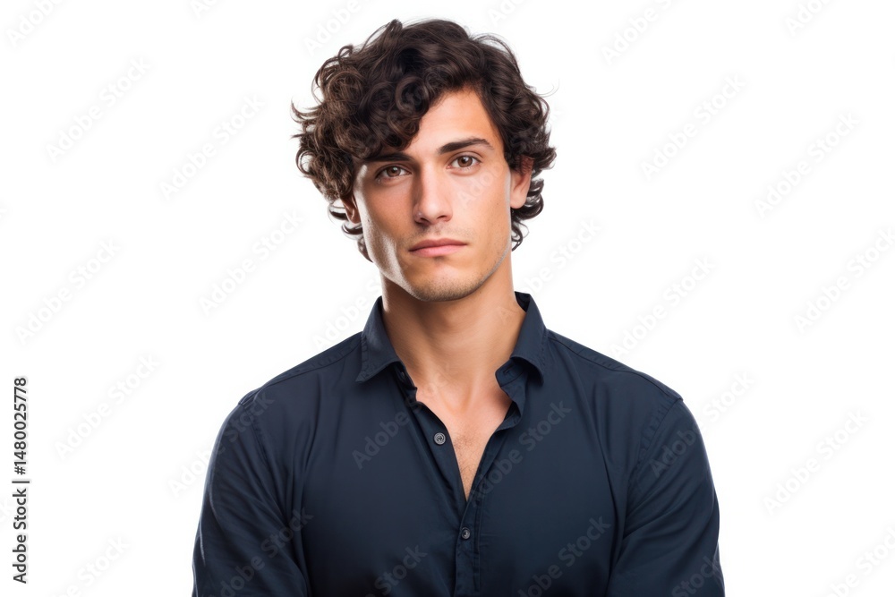 Obraz premium A young European man with short, curly black hair, wearing a casual navy blue shirt and a subtle, confident expression.