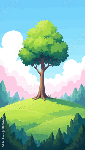 Serene Tree Hill Sunset Meadow Springtime Clouds