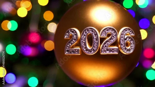 Golden shiny Christmas ball with numbers of year 2026 on glittering colorful festive bokeh garland lights background. Happy New Year greeting card,4K video