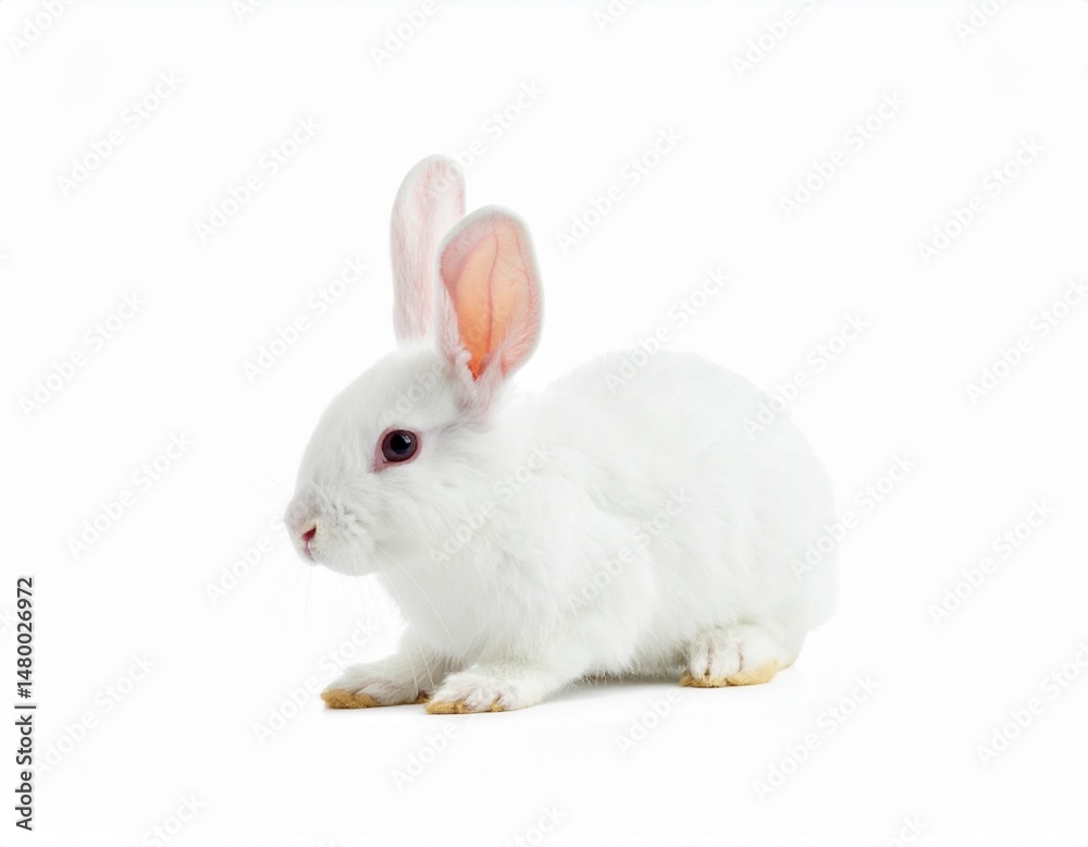 Fluffy white bunny with pink ears sits calmly against a clean, bright white background Fluffy white bunny with pink ears sits calmly against a clean, bright white background