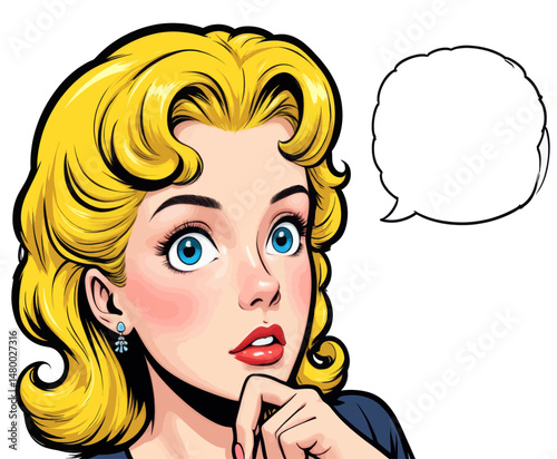 Thoughtful Woman with Golden Curls in Retro Style
