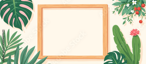 Tropical Frame with Ferns and Blooms in Serene Setting