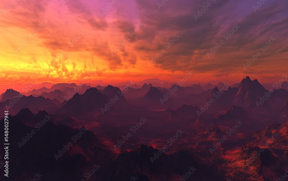 Fototapeta premium Majestic mountain peaks stand silhouetted against a vibrant orange and purple sunset sky landscape