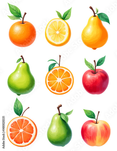 Vibrant Citrus and Pears Collection, Fresh and Juicy, Summer Harvest, Bright Colors, Nature's Delight