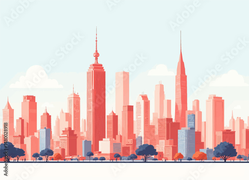 Vibrant Cityscape Skyline at Sunset with Tall Buildings and Trees