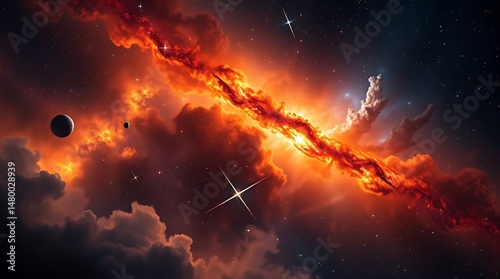 Fiery Nebula with Space, Planets, and Cosmos.