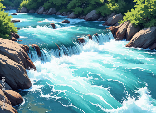 Turquoise River Rapids Flowing Through Rocky Forest Landscape