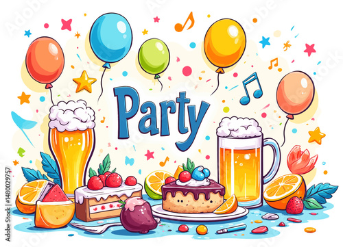 Vibrant Party Celebration with Balloons and Beer