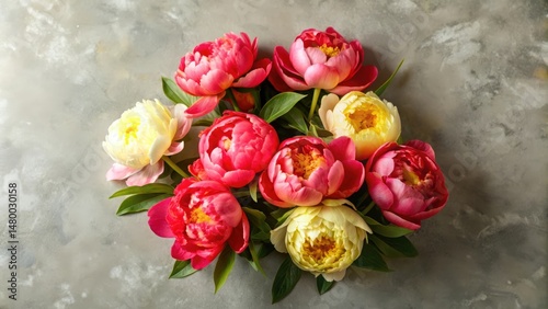 A delicate cluster of vibrant pink and creamy white peonies, nestled amongst lush green foliage, creating a captivating display of floral beauty.