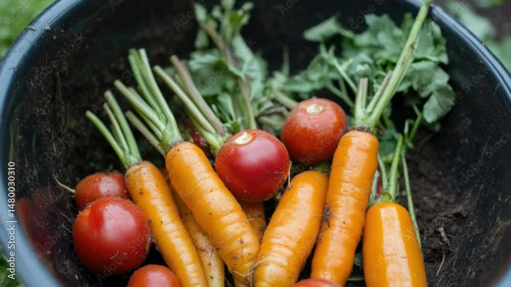 A basket filled with fresh carrots and tomatoes, perfect for market display or home kitchen A basket filled with fresh carrots and tomatoes, perfect for market display or home kitchen