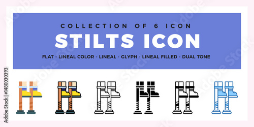 Collection of 6 Stilts Icons. Flat. Lineal. Glyph. and Dual Tone Styles