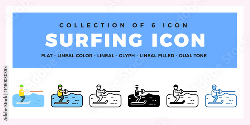 Surfing Icon Set. Collection of 6 Unique Water Sports Illustrations