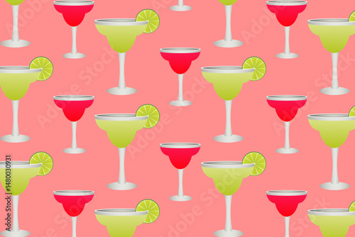Seamless repeating pattern of blue lagoon cocktails. Vector illustration.