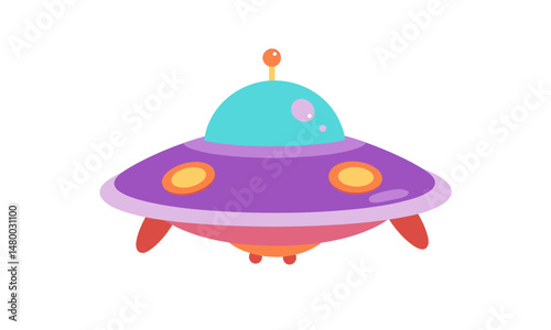 Vibrant UFO Flying in Space with Purple Glow and Orange Lights