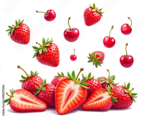 Vibrant Strawberries and Cherries Floating Joyfully in White Space