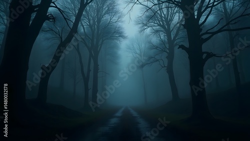 Eerie Dark Forest Trail in Misty Indigo Twilight Light photo
