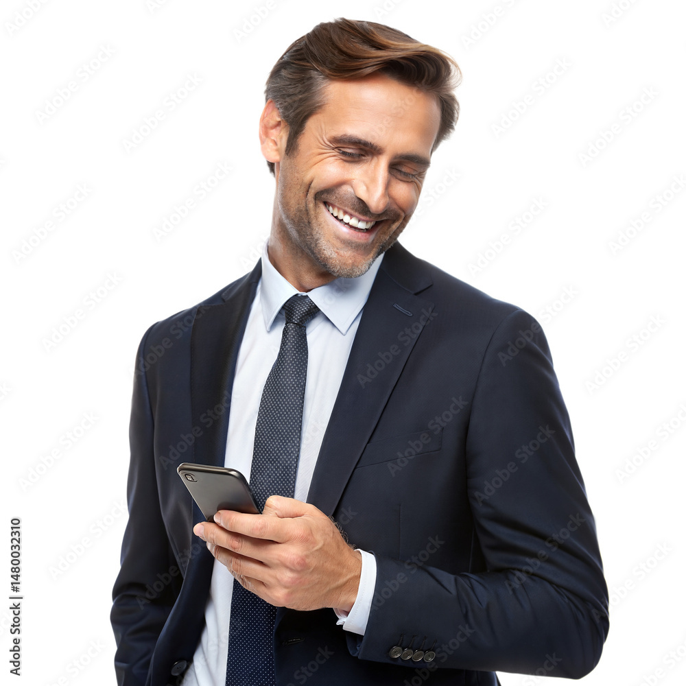 Smiling businessman is looking at his smartphone in his hand isolated on transparent background Smiling businessman is looking at his smartphone in his hand isolated on transparent background