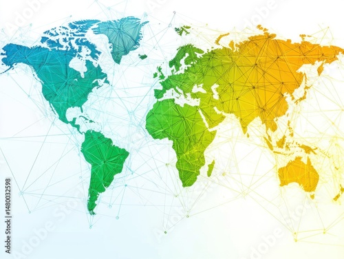 Global network map illustration showing interconnected continents in gradient colors on white background; conceptual world connection design