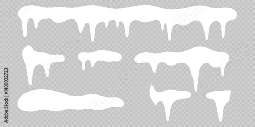 Snowflakes fall gently over icy cartoon decorations. Icicles drip softly from roof-like snowy edges. Winter border frames add cozy seasonal charm. Snow set collection suits posters, invitations