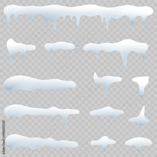 Snowflakes fall gently over icy cartoon decorations. Icicles drip softly from roof-like snowy edges. Winter border frames add cozy seasonal charm. Snow set collection suits posters, invitations
