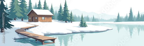 Winter Cabin Serenity: Snowy Forest, Wooden Bridge, Mountain Lake, Pine Trees, Tranquil Refuge