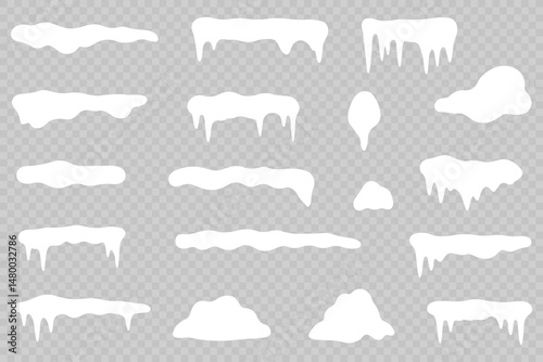 White snowdrift caps hang on transparent background borders. Cartoon snow frames decorate winter banners and cards. Flat snowy elements enhance festive holiday illustrations. Snowflakes fall