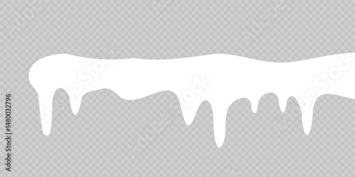 White snowdrift caps hang on transparent background borders. Cartoon snow frames decorate winter banners and cards. Flat snowy elements enhance festive holiday illustrations. Snowflakes fall