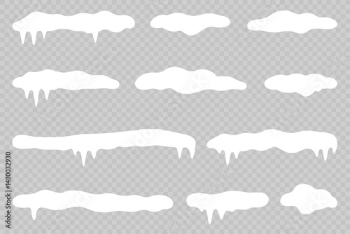 White snowdrift caps hang on transparent background borders. Cartoon snow frames decorate winter banners and cards. Flat snowy elements enhance festive holiday illustrations. Snowflakes fall