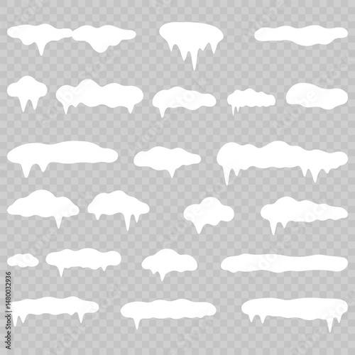 White snowdrift caps hang on transparent background borders. Cartoon snow frames decorate winter banners and cards. Flat snowy elements enhance festive holiday illustrations. Snowflakes fall