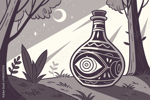 12 intricate glass eye bottle, ornate dark glass eye shaped jar, surreal fantasy artwork, digital illustration, highly detailed, cinematic lighting, moody atmosphere, whimsical, dreamlike, magical rea