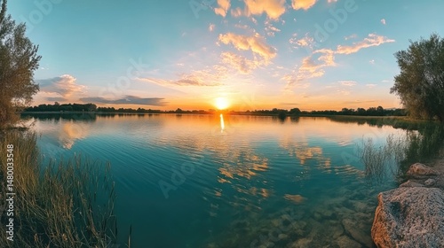 Serene sunset over a tranquil lake.