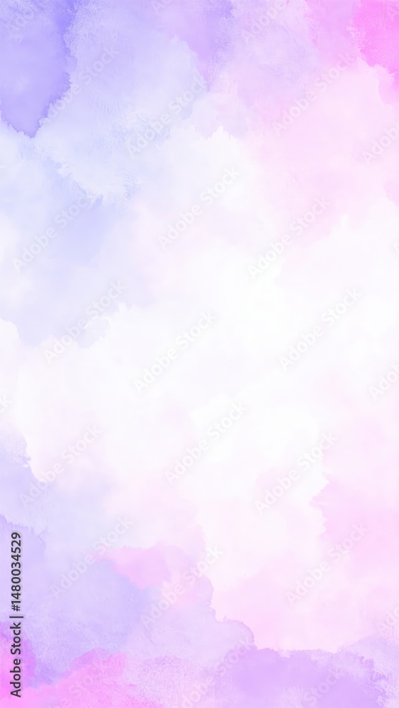 Fototapeta premium A dreamy watercolor background featuring soft pink and blue hues, with fluffy white clouds gently blending into the serene sky, creating a tranquil atmosphere.