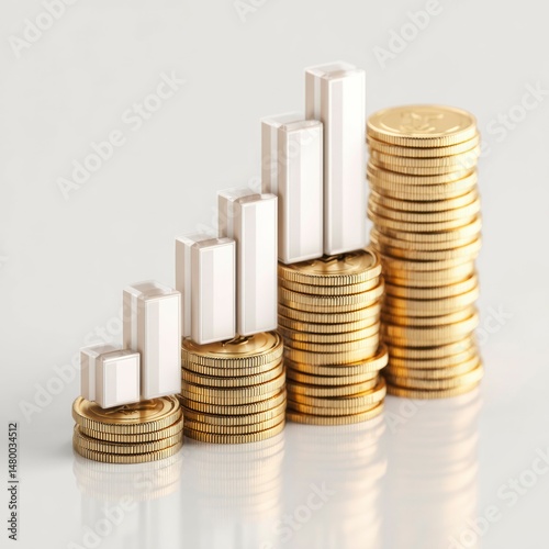 Growing financial growth represented by golden coins and white bar graphs on a reflective surface