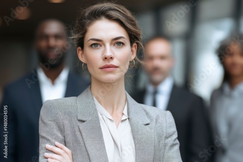 Confident businesswoman stands in office setting with colleagues during a corporate meeting