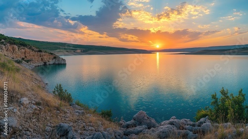Serene sunset over tranquil lake and landscape.
