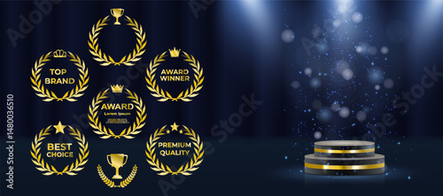 Gold laurel wreath encircles elegant award winner emblem. Luxury nomination badge shines on dark victory background. Vector golden medal displays crown, stars, and ribbons. Championship podium glows