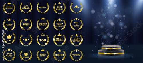 Set includes best price, choice, and seller designs. Vector icons ideal for cinema festivals and events. Award logo suits branding, marketing, or recognition labels. Premium gold foliage crown symbol