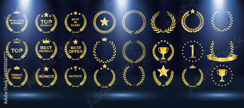 Gold, silver, bronze award emblems shine with royal crowns. Round podium icons highlight success, achievement, and recognition. Laurel wreath frames elegant nominee reward symbols. Golden award badge 