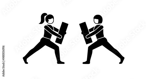 Karateka holding shield black and white icon