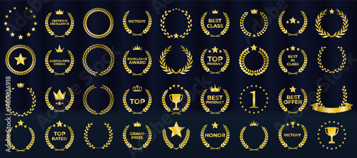 Set includes best price, choice, and seller designs. Vector icons ideal for cinema festivals and events. Award logo suits branding, marketing, or recognition labels. Premium gold foliage crown symbol
