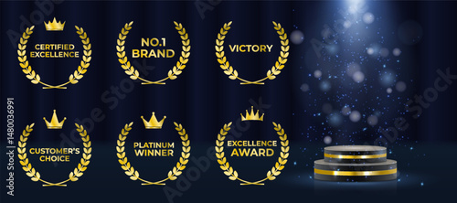 Gold laurel wreath encircles elegant award winner emblem. Luxury nomination badge shines on dark victory background. Vector golden medal displays crown, stars, and ribbons. Championship podium glows
