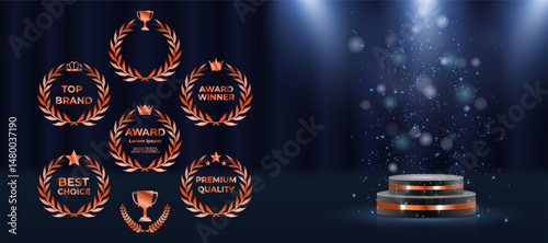 Elegant award emblem set features gold laurel wreath badges. Vector collection includes ribbons, stars, crowns for winners. Luxury nomination graphics suit best player recognitions. Certified prize