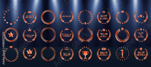 Set includes best price, choice, and seller designs. Vector icons ideal for cinema festivals and events. Award logo suits branding, marketing, or recognition labels. Premium gold foliage crown symbol