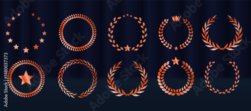 Laurel wreath badge celebrates excellence and top result. Golden leaves wrap in decorative symmetrical formation. Set includes best price, choice, and seller designs. Vector icons set