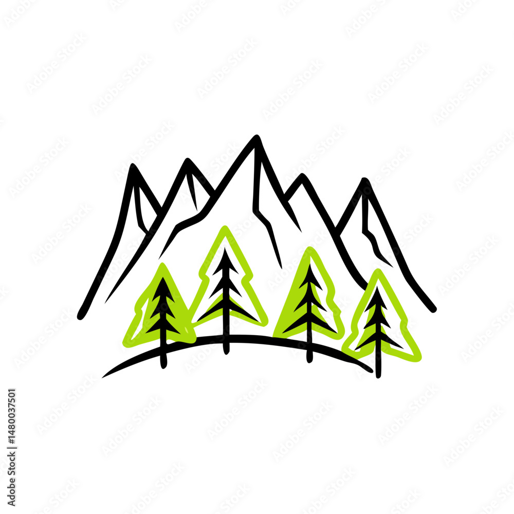 Fototapeta premium Outline Vector Mountain and Tree Icon on Transparent Background