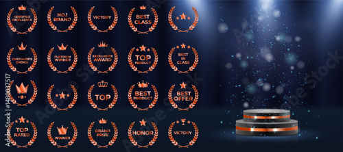 Elegant award emblem set features gold laurel wreath badges. Vector collection includes ribbons, stars, crowns for winners. Luxury nomination graphics suit best player recognitions. Certified prize