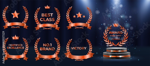 Laurel wreath badge celebrates excellence and top result. Golden leaves wrap in decorative symmetrical formation. Set includes best price, choice, and seller designs. Vector icons set
